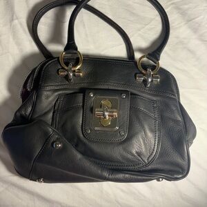 B. Makowsky Black Leather Shoulder Bag with Silver Accents
